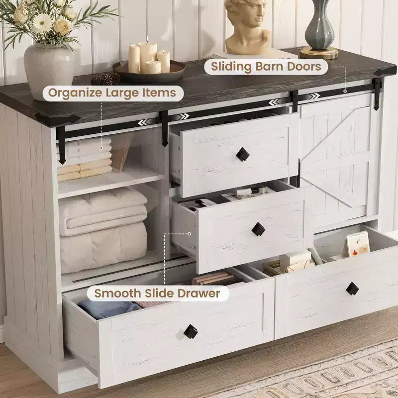 Commode de chambre rustique avec 4 tiroirs et portes coulissantes style grange, meuble de rangement, support TV rustique avec étagère, organisateur pour salon, entrée