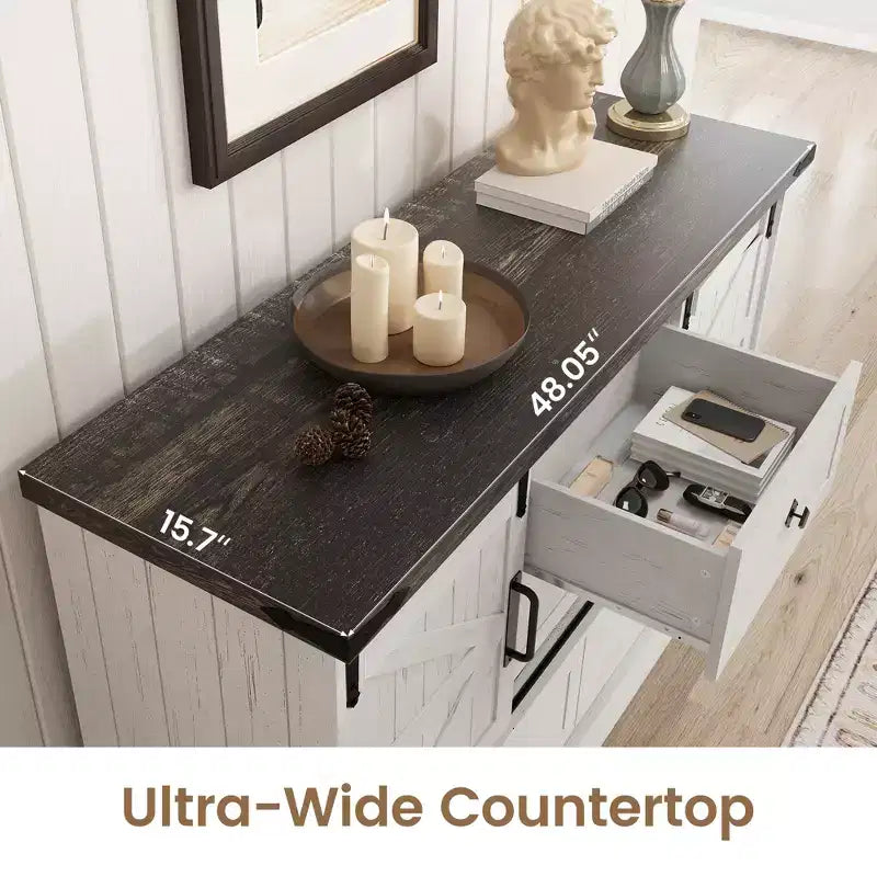 Commode de chambre rustique avec 4 tiroirs et portes coulissantes style grange, meuble de rangement, support TV rustique avec étagère, organisateur pour salon, entrée