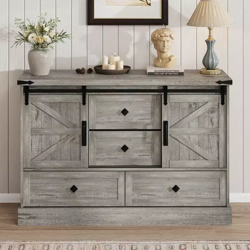 Commode de chambre rustique avec 4 tiroirs et portes coulissantes style grange, meuble de rangement, support TV rustique avec étagère, organisateur pour salon, entrée