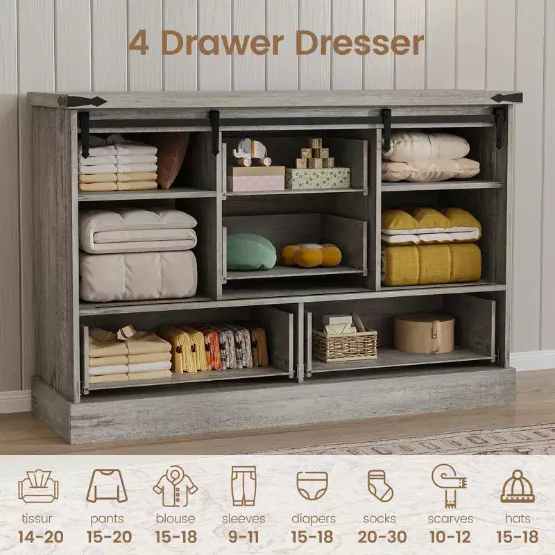 Commode de chambre rustique avec 4 tiroirs et portes coulissantes style grange, meuble de rangement, support TV rustique avec étagère, organisateur pour salon, entrée