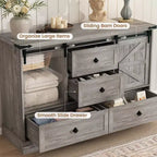 Commode de chambre rustique avec 4 tiroirs et portes coulissantes style grange, meuble de rangement, support TV rustique avec étagère, organisateur pour salon, entrée