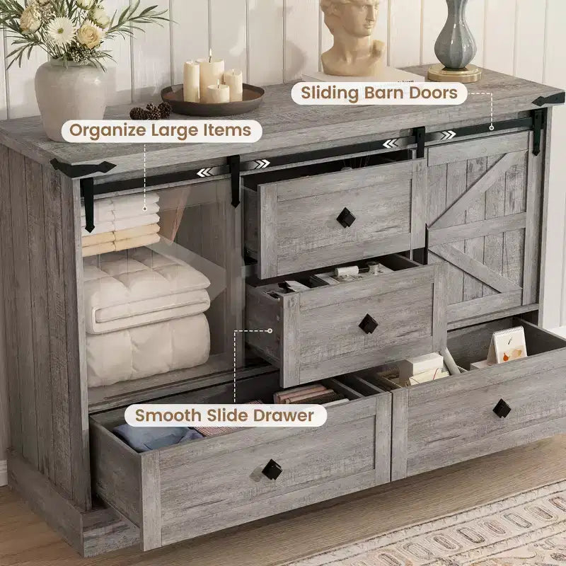 Commode de chambre rustique avec 4 tiroirs et portes coulissantes style grange, meuble de rangement, support TV rustique avec étagère, organisateur pour salon, entrée