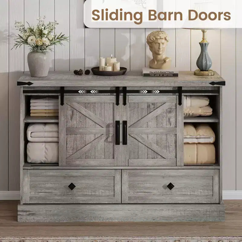 Commode de chambre rustique avec 4 tiroirs et portes coulissantes style grange, meuble de rangement, support TV rustique avec étagère, organisateur pour salon, entrée