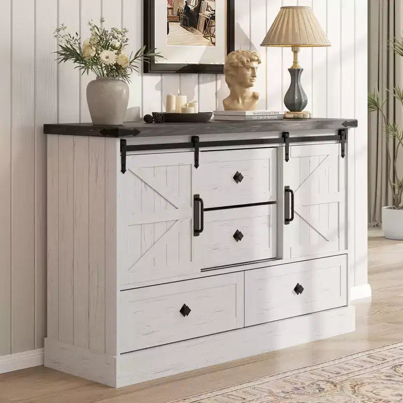 Commode de chambre rustique avec 4 tiroirs et portes coulissantes style grange, meuble de rangement, support TV rustique avec étagère, organisateur pour salon, entrée
