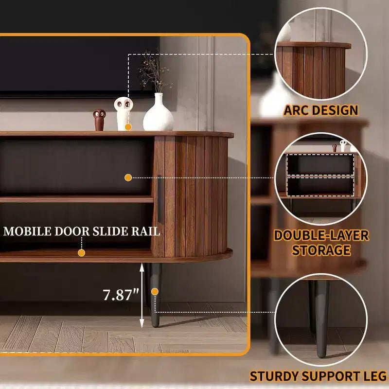 Meuble TV ovale moderne en noyer avec portes cannelées et placards de rangement pour le salon, Noyer