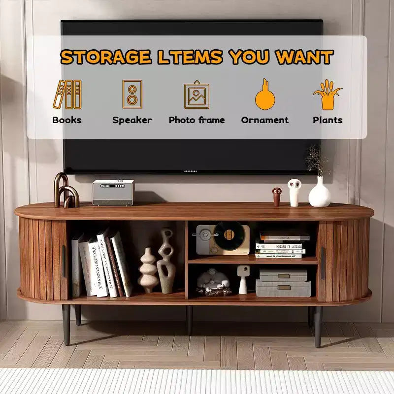 Meuble TV ovale moderne en noyer avec portes cannelées et placards de rangement pour le salon, Noyer