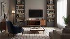 Meuble TV ovale moderne en noyer avec portes cannelées et placards de rangement pour le salon, Noyer
