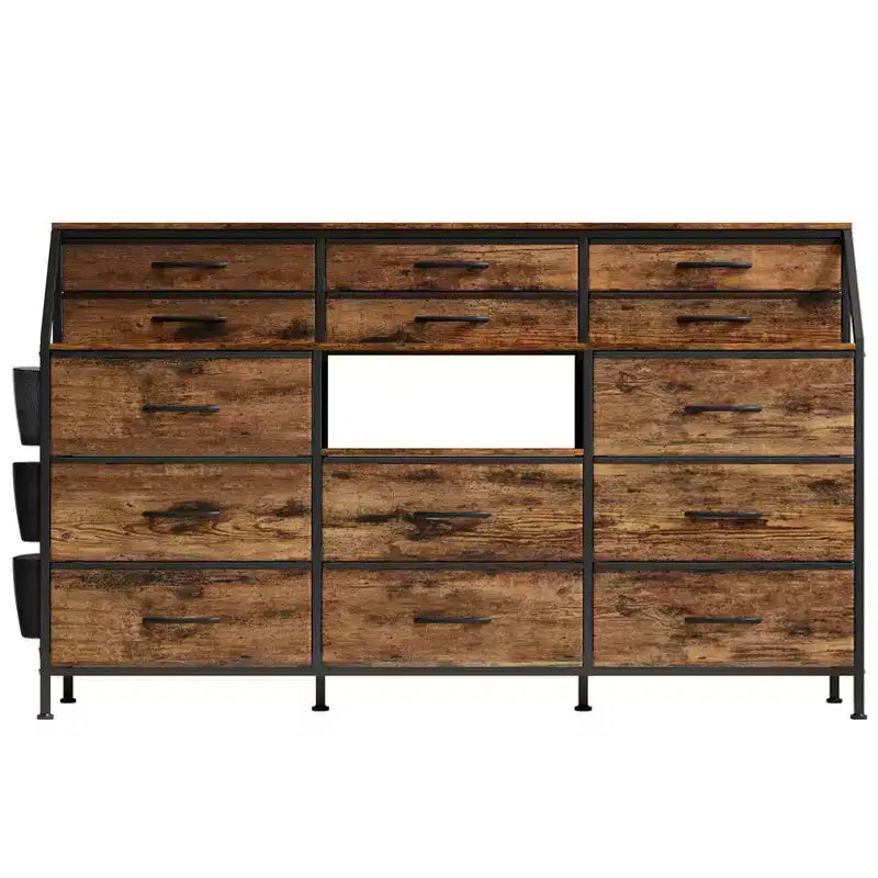 Commode en Tissu de 55" de Large avec Poche Latérale, 14 Tiroirs et Étagères, Cadre Robuste, Plateau en Bois