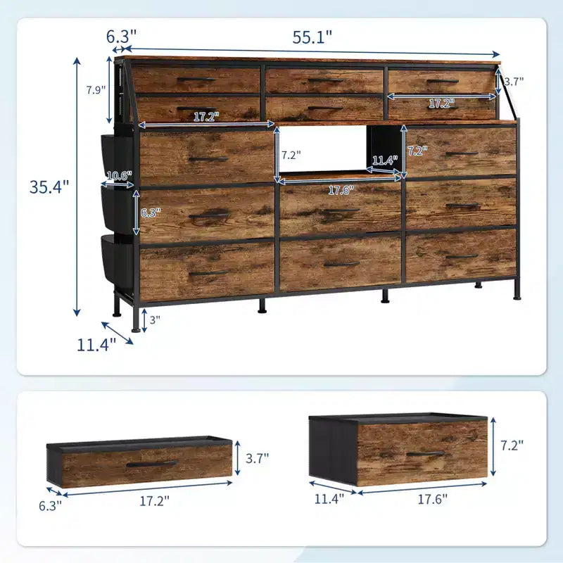 Commode en Tissu de 55" de Large avec Poche Latérale, 14 Tiroirs et Étagères, Cadre Robuste, Plateau en Bois
