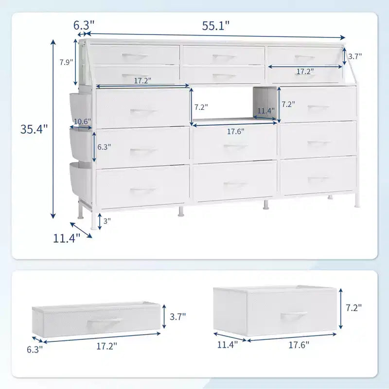 Commode en Tissu de 55" de Large avec Poche Latérale, 14 Tiroirs et Étagères, Cadre Robuste, Plateau en Bois