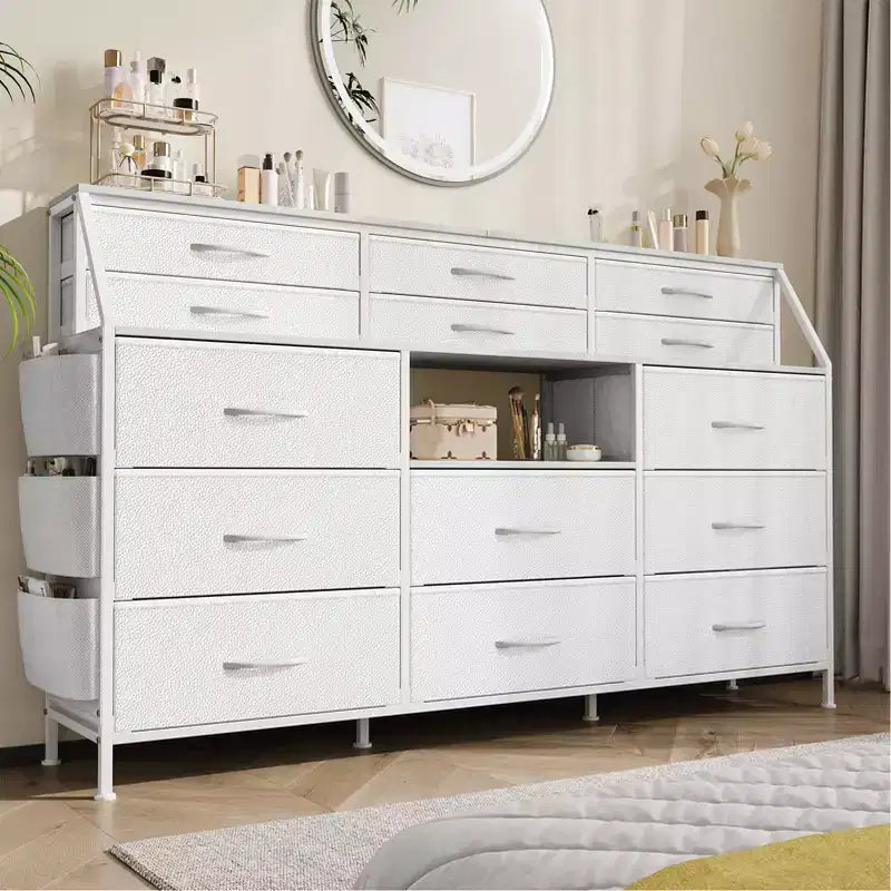 Commode en Tissu de 55" de Large avec Poche Latérale, 14 Tiroirs et Étagères, Cadre Robuste, Plateau en Bois