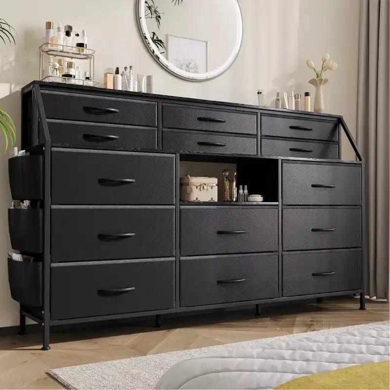 Commode en Tissu de 55" de Large avec Poche Latérale, 14 Tiroirs et Étagères, Cadre Robuste, Plateau en Bois