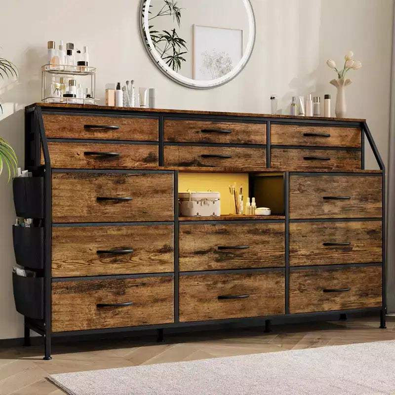 Commode en Tissu de 55" de Large avec Poche Latérale, 14 Tiroirs et Étagères, Cadre Robuste, Plateau en Bois