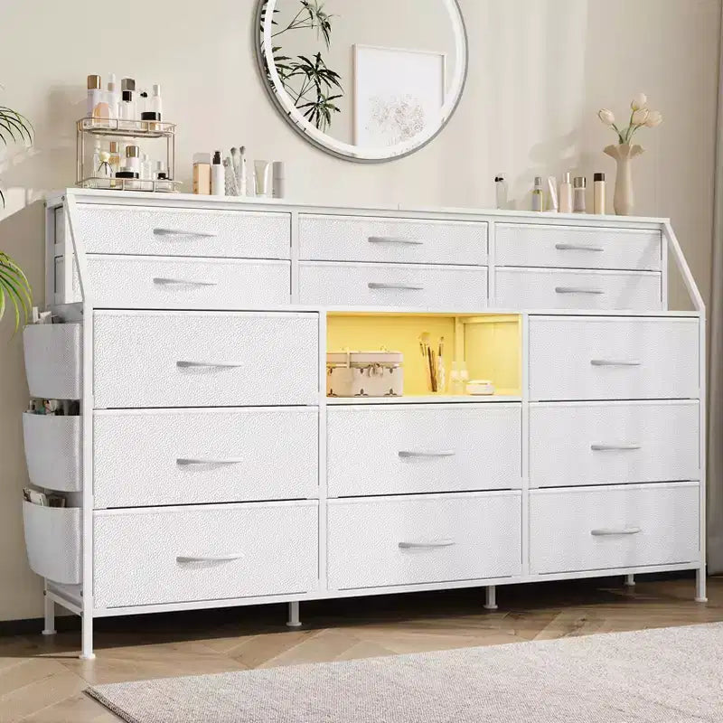 Commode en Tissu de 55" de Large avec Poche Latérale, 14 Tiroirs et Étagères, Cadre Robuste, Plateau en Bois