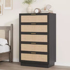 Rattan 5 Drawer Dresser, 46.7in Tall Black 5 Chest of Drawers with Metal Handles and Wooden Sturdy Base for Bedroom Living Room Nursery
