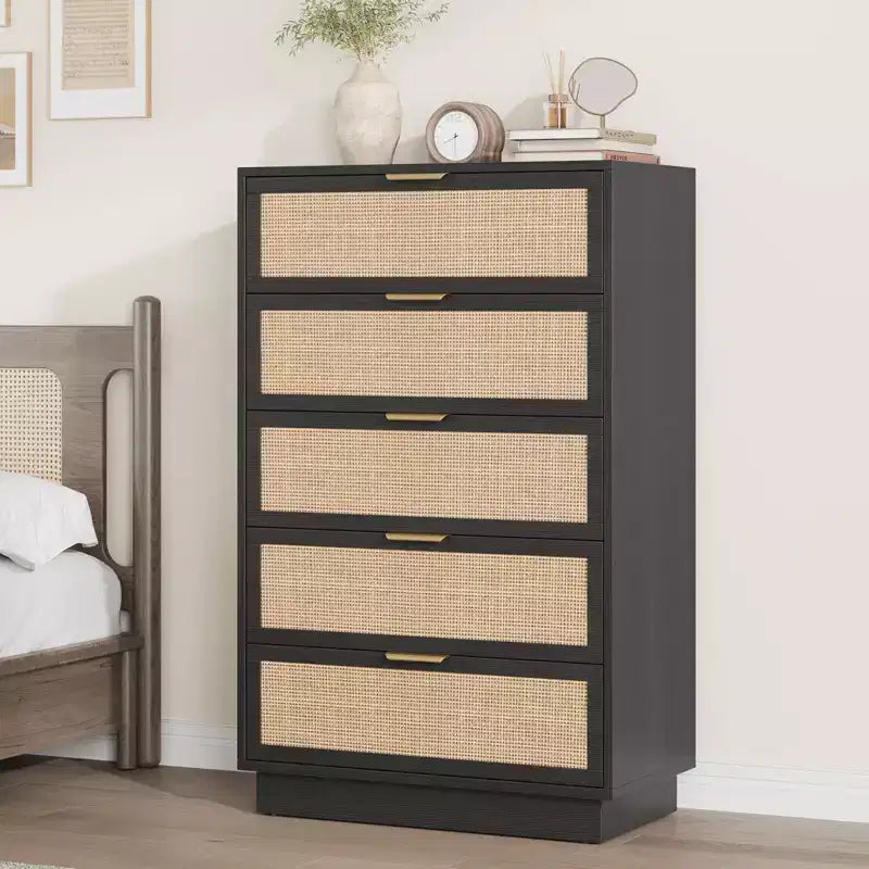 Rattan 5 Drawer Dresser, 46.7in Tall Black 5 Chest of Drawers with Metal Handles and Wooden Sturdy Base for Bedroom Living Room Nursery