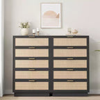 Commode à 5 tiroirs en rotin, 118,6 cm de haut, noire, avec poignées en métal et base en bois robuste pour chambre à coucher, salon, chambre d'enfant