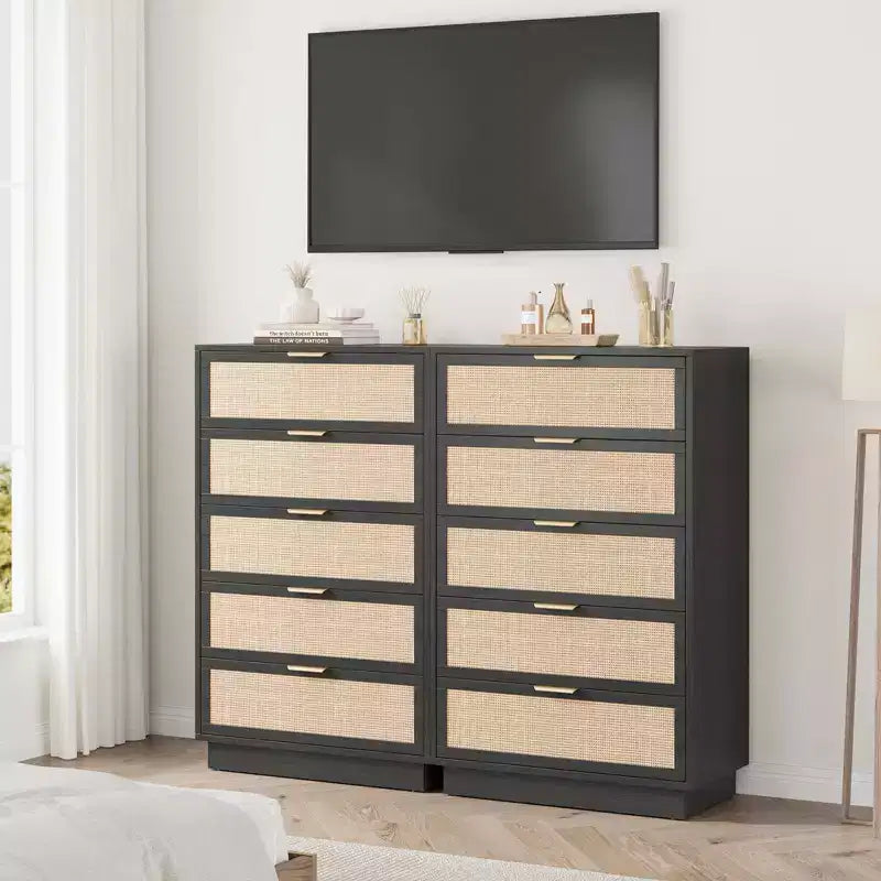 Commode à 5 tiroirs en rotin, 118,6 cm de haut, noire, avec poignées en métal et base en bois robuste pour chambre à coucher, salon, chambre d'enfant