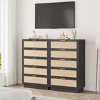 Commode à 5 tiroirs en rotin, 118,6 cm de haut, noire, avec poignées en métal et base en bois robuste pour chambre à coucher, salon, chambre d'enfant