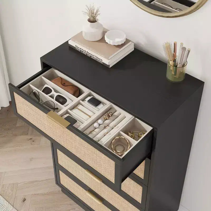 Commode à 5 tiroirs en rotin, 118,6 cm de haut, noire, avec poignées en métal et base en bois robuste pour chambre à coucher, salon, chambre d'enfant