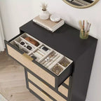 Commode à 5 tiroirs en rotin, 118,6 cm de haut, noire, avec poignées en métal et base en bois robuste pour chambre à coucher, salon, chambre d'enfant