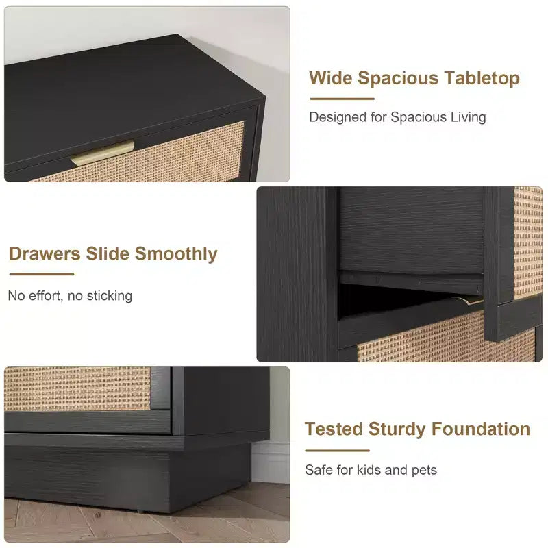 Commode à 5 tiroirs en rotin, 118,6 cm de haut, noire, avec poignées en métal et base en bois robuste pour chambre à coucher, salon, chambre d'enfant
