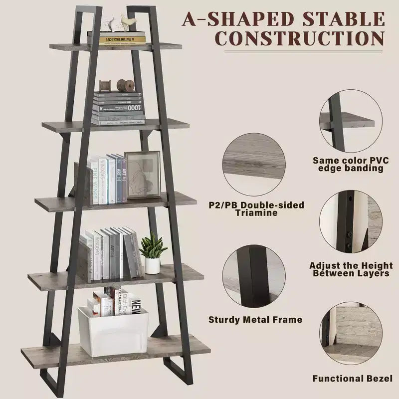 Étagère bibliothèque à 5 niveaux, étagère sur pied de style rétro avec étagères, tour de rangement haute pour CD, films et livres, étagère de rangement étroite pour chambre à coucher