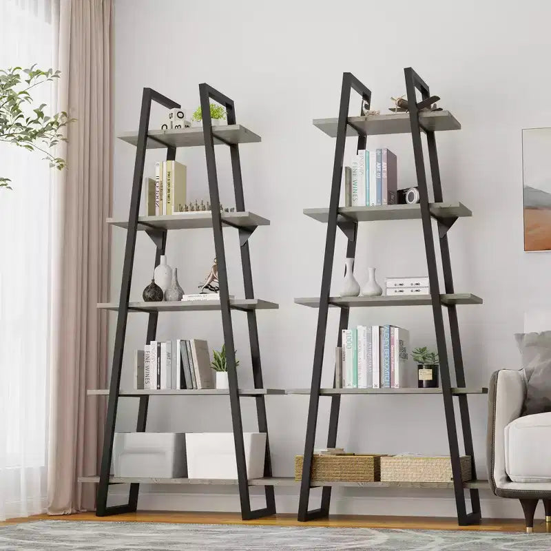 Étagère bibliothèque à 5 niveaux, étagère sur pied de style rétro avec étagères, tour de rangement haute pour CD, films et livres, étagère de rangement étroite pour chambre à coucher