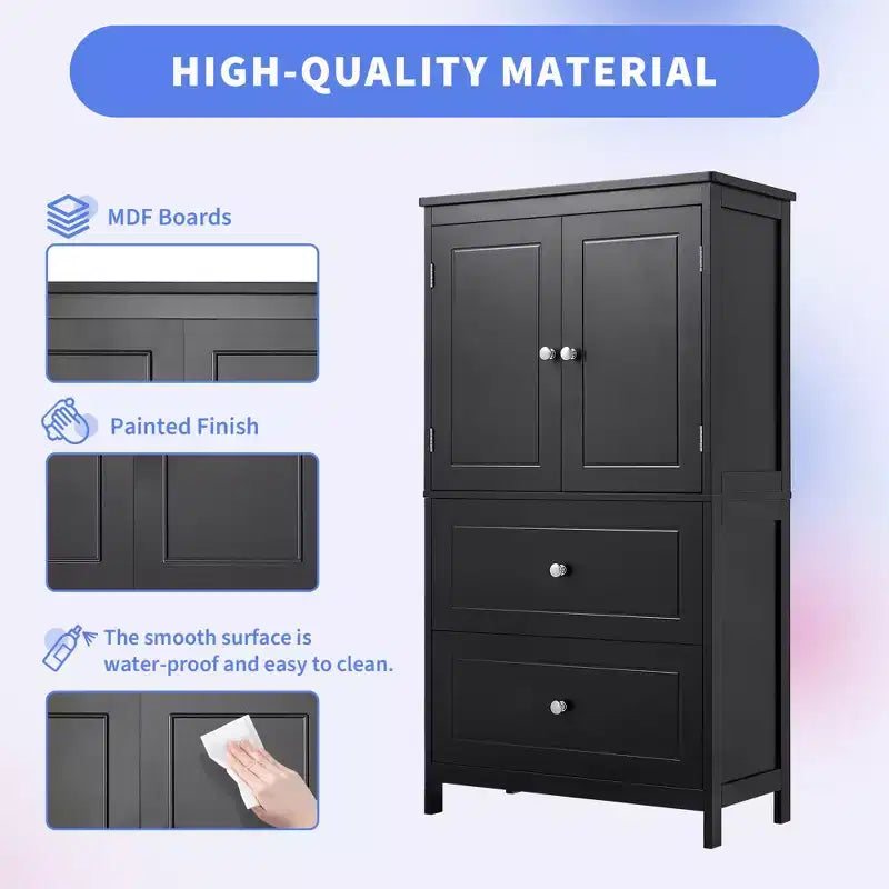 Meuble de rangement de salle de bain avec deux portes et tiroirs Étagère réglable Panneau MDF Noir