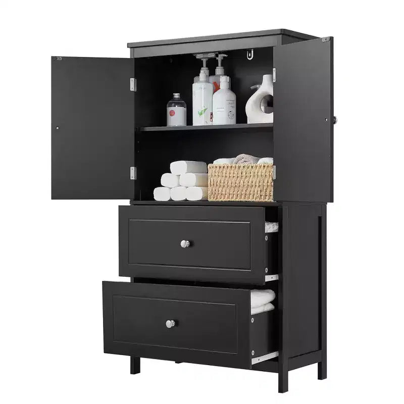 Meuble de rangement de salle de bain avec deux portes et tiroirs Étagère réglable Panneau MDF Noir