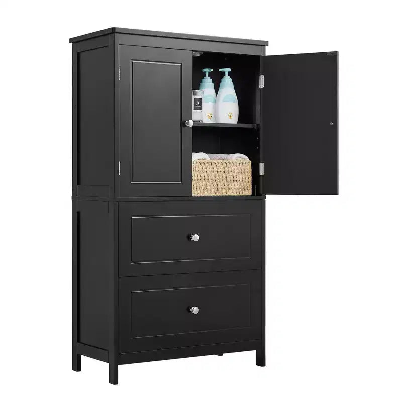 Meuble de rangement de salle de bain avec deux portes et tiroirs Étagère réglable Panneau MDF Noir