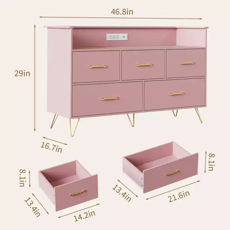 Commode moderne en bois à 5 tiroirs avec lumières LED, meuble de rangement autonome de 119 cm avec pieds dorés