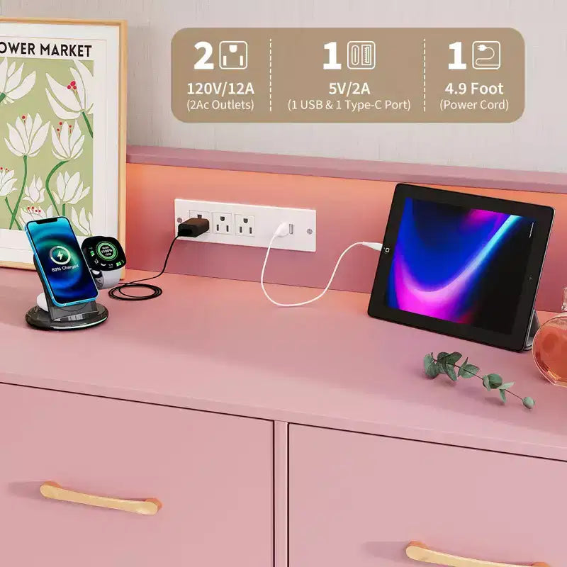 Commode moderne en bois à 5 tiroirs avec lumières LED, meuble de rangement autonome de 119 cm avec pieds dorés