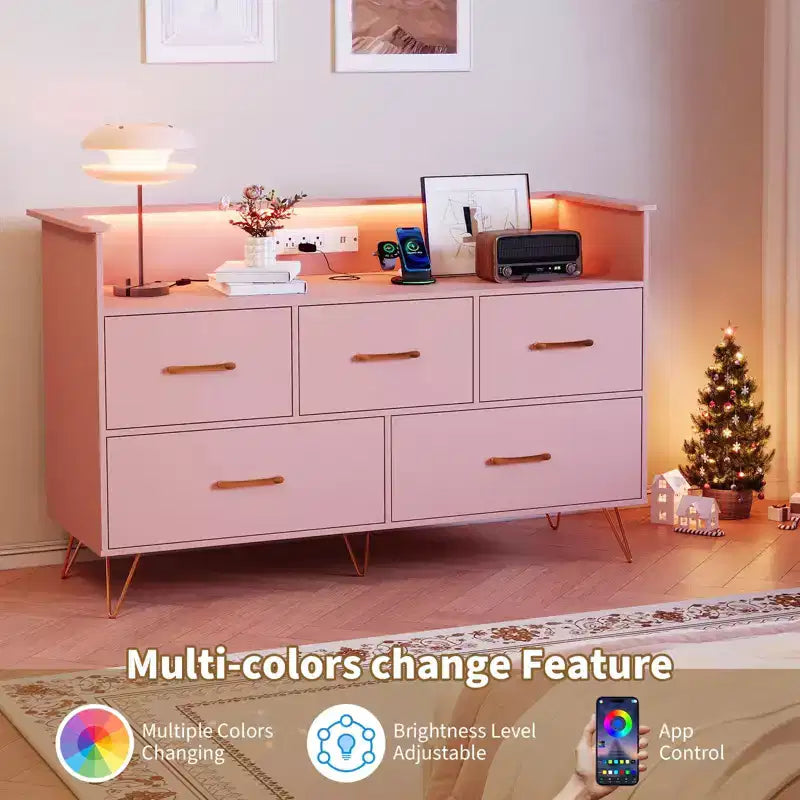 Commode moderne en bois à 5 tiroirs avec lumières LED, meuble de rangement autonome de 119 cm avec pieds dorés