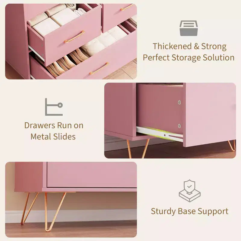 Commode moderne en bois à 5 tiroirs avec lumières LED, meuble de rangement autonome de 119 cm avec pieds dorés