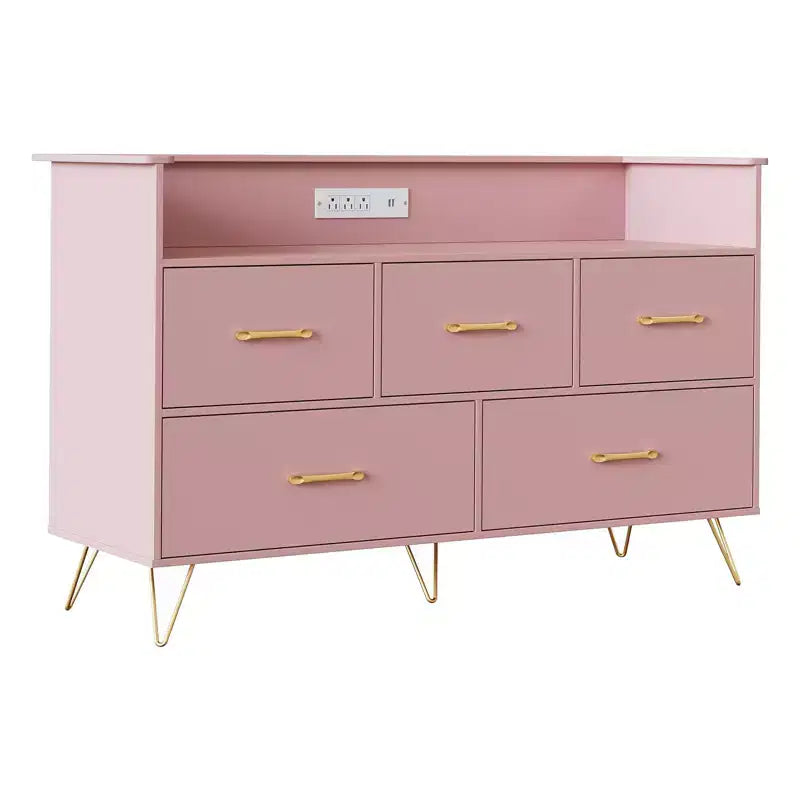 Commode moderne en bois à 5 tiroirs avec lumières LED, meuble de rangement autonome de 119 cm avec pieds dorés