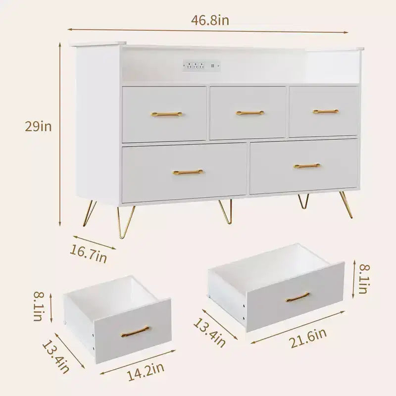 Commode moderne en bois à 5 tiroirs avec lumières LED, meuble de rangement autonome de 119 cm avec pieds dorés