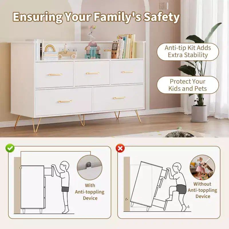 Commode moderne en bois à 5 tiroirs avec lumières LED, meuble de rangement autonome de 119 cm avec pieds dorés