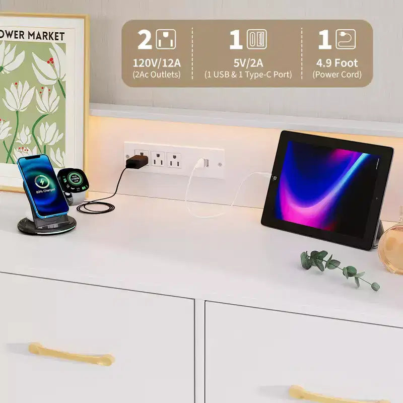 Commode moderne en bois à 5 tiroirs avec lumières LED, meuble de rangement autonome de 119 cm avec pieds dorés