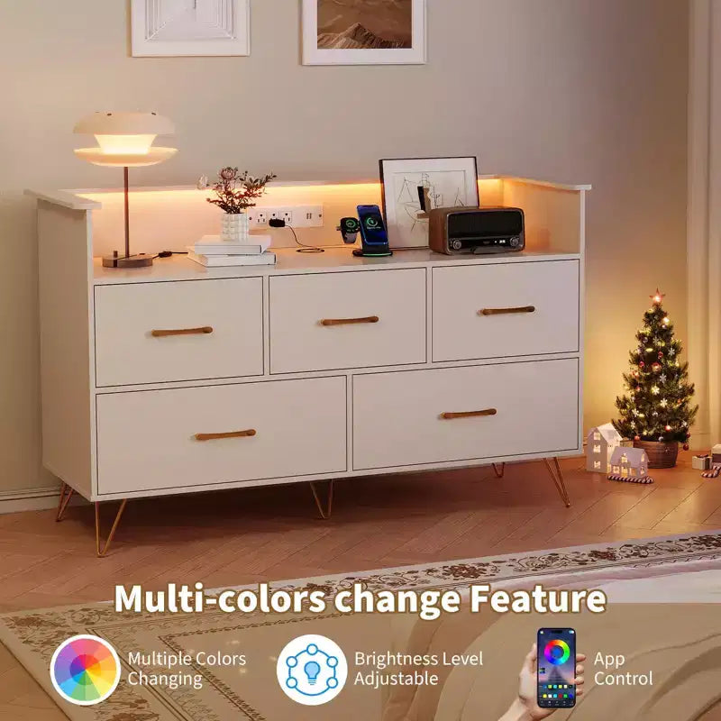 Commode moderne en bois à 5 tiroirs avec lumières LED, meuble de rangement autonome de 119 cm avec pieds dorés