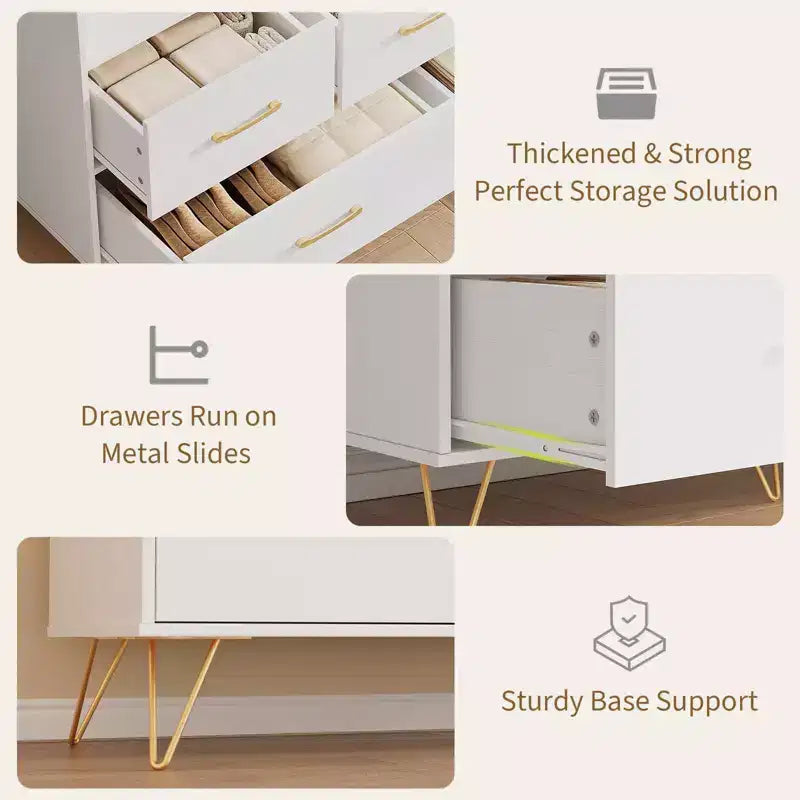 Commode moderne en bois à 5 tiroirs avec lumières LED, meuble de rangement autonome de 119 cm avec pieds dorés