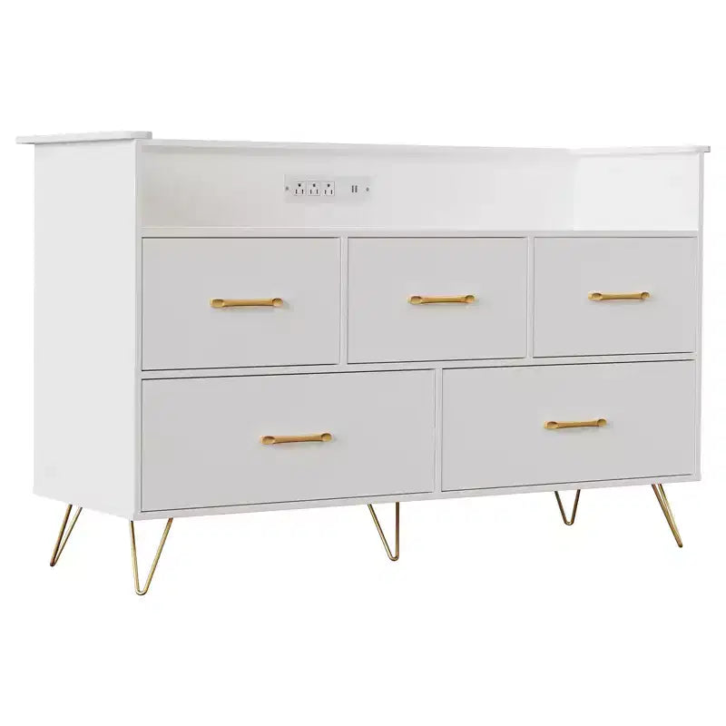 Commode moderne en bois à 5 tiroirs avec lumières LED, meuble de rangement autonome de 119 cm avec pieds dorés