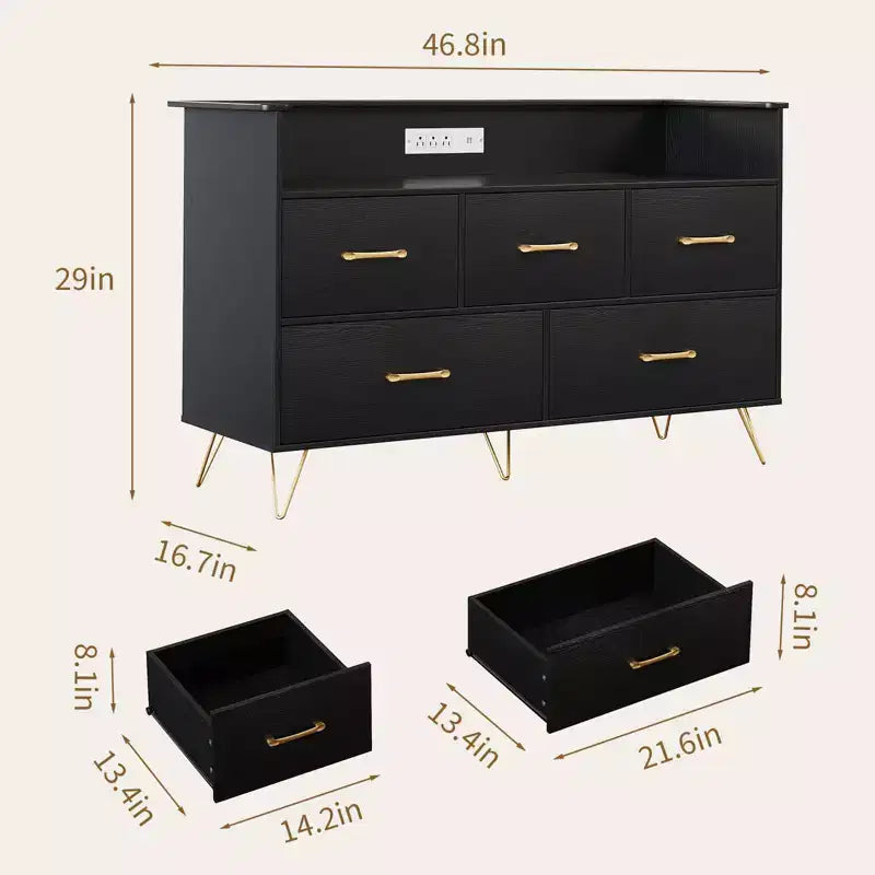 Commode moderne en bois à 5 tiroirs avec lumières LED, meuble de rangement autonome de 119 cm avec pieds dorés