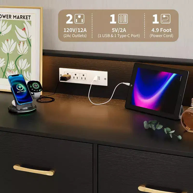 Commode moderne en bois à 5 tiroirs avec lumières LED, meuble de rangement autonome de 119 cm avec pieds dorés