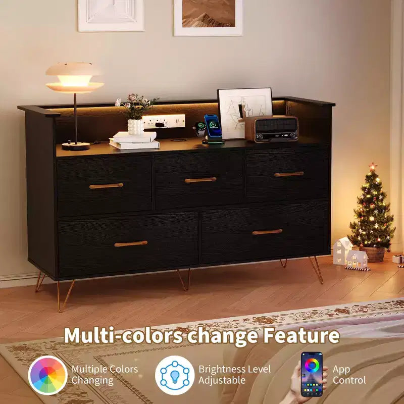 Commode moderne en bois à 5 tiroirs avec lumières LED, meuble de rangement autonome de 119 cm avec pieds dorés