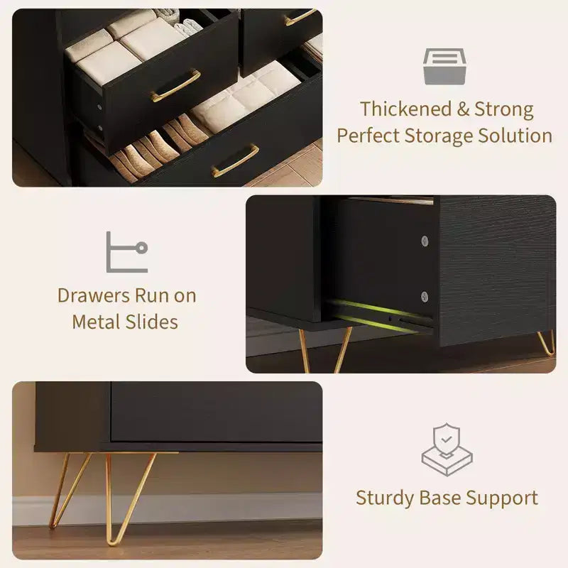 Commode moderne en bois à 5 tiroirs avec lumières LED, meuble de rangement autonome de 119 cm avec pieds dorés