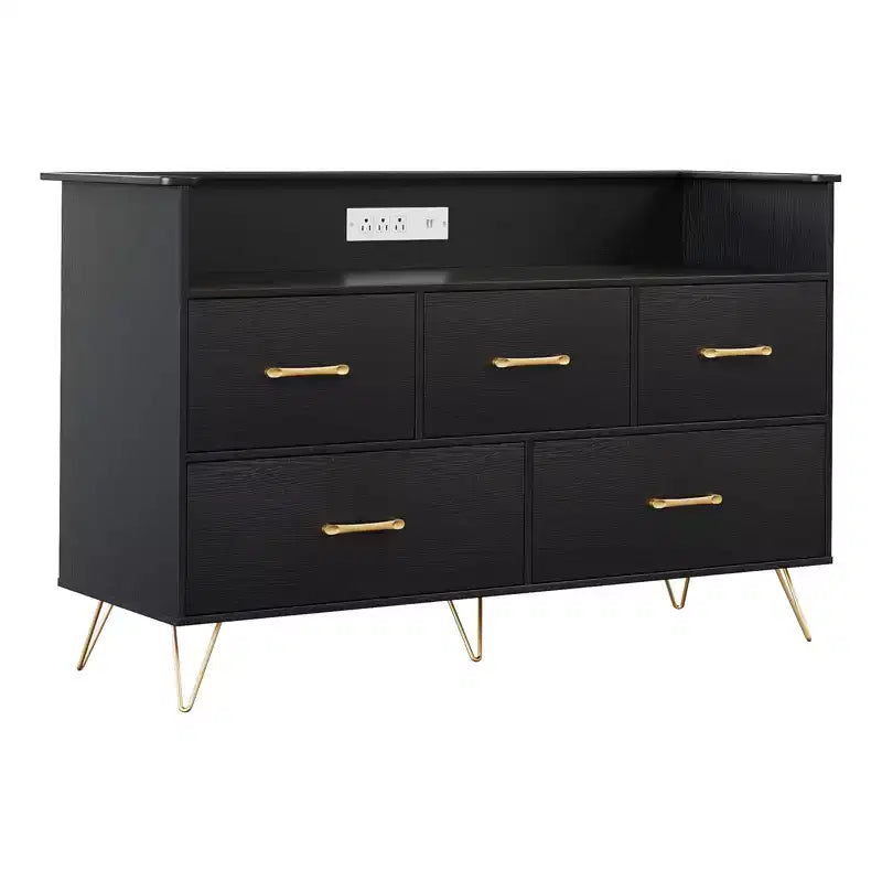 Commode moderne en bois à 5 tiroirs avec lumières LED, meuble de rangement autonome de 119 cm avec pieds dorés