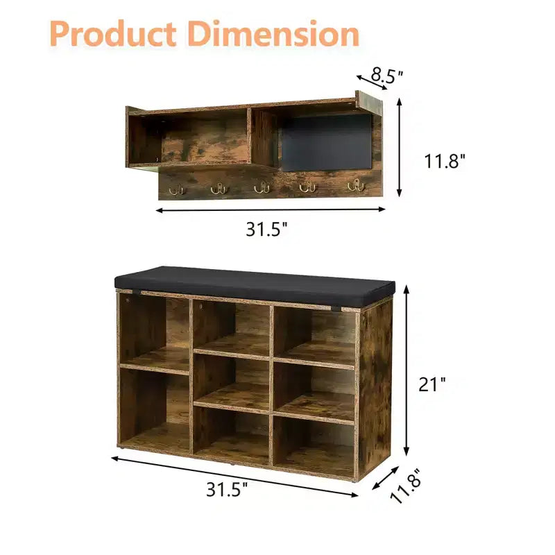 Meuble d'entrée, porte-manteau mural et banc à chaussures avec 5 crochets, meuble de rangement de style industriel, armoire à chaussures avec rangement pour couloir