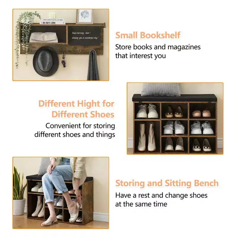 Meuble d'entrée, porte-manteau mural et banc à chaussures avec 5 crochets, meuble de rangement de style industriel, armoire à chaussures avec rangement pour couloir
