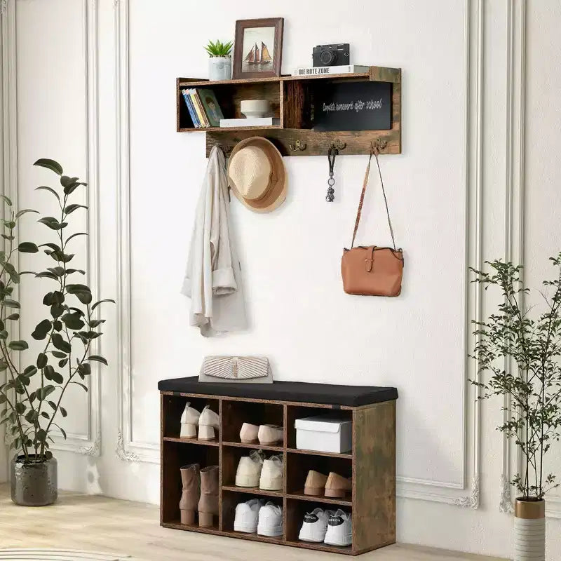 Meuble d'entrée, porte-manteau mural et banc à chaussures avec 5 crochets, meuble de rangement de style industriel, armoire à chaussures avec rangement pour couloir